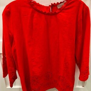 LOFT Eyelet Trim Scarlet Scalloped Neckline Linen Blouse